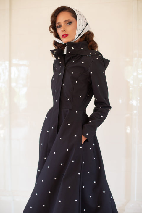 Fitted and Flared Coat with A-Line Skirt in Black named Timeless Polka Dots