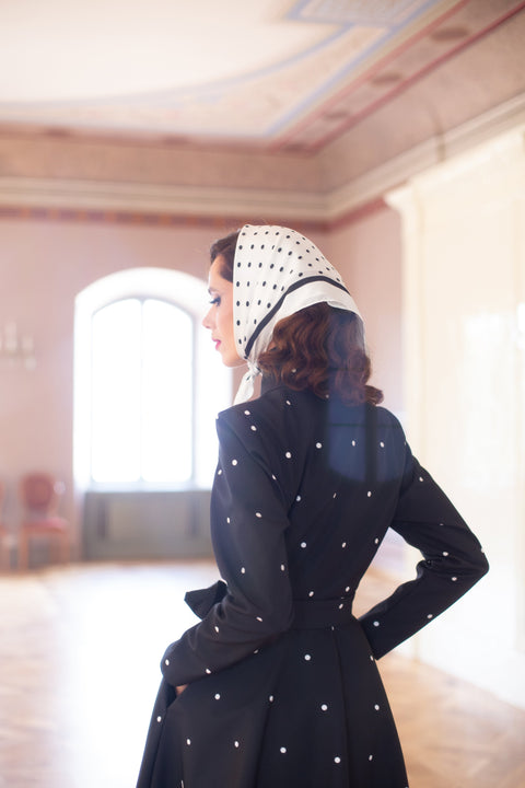 RainSisters | Fitted and Flared Coat with A-Line Skirt in Black 'Timeless Polka Dots'
