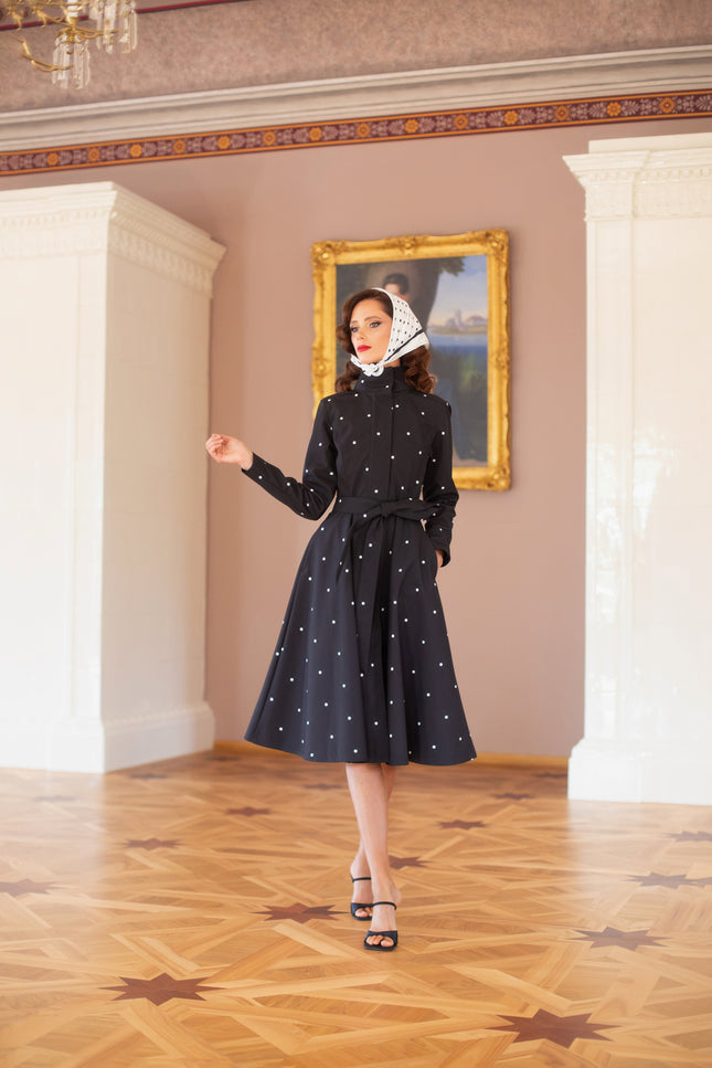retro polka dots on black coat