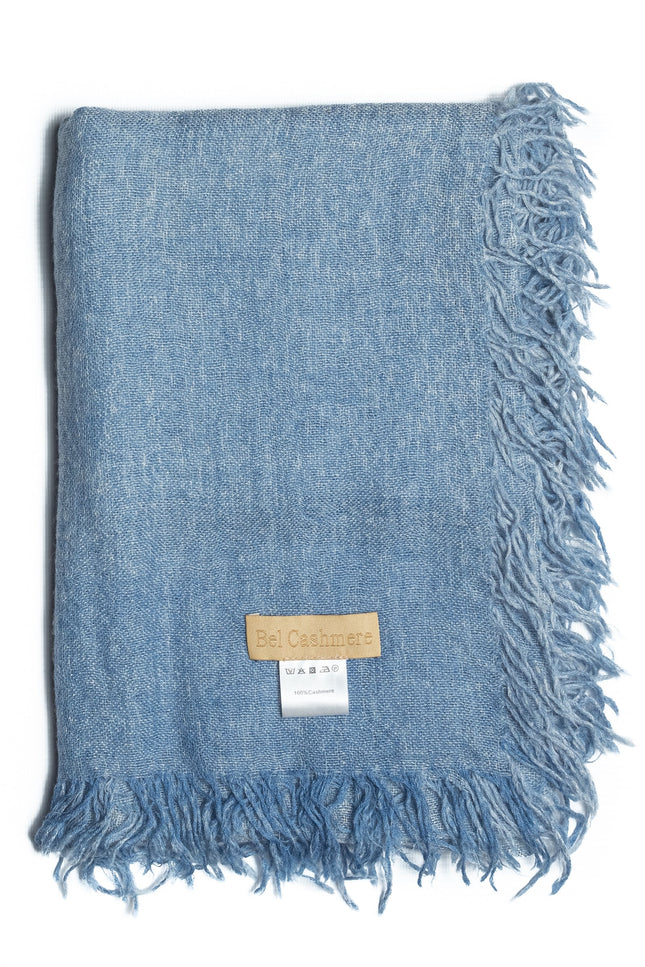 Bel Cashmere | Fular de cashmere fino con flecos azul desgastado