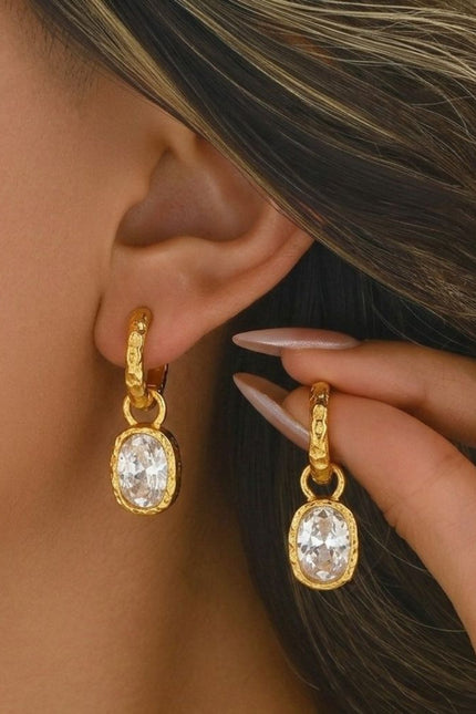 Gold Plated Crystal Drop Textured 92.5 Sterling Silver Hoop Earrings