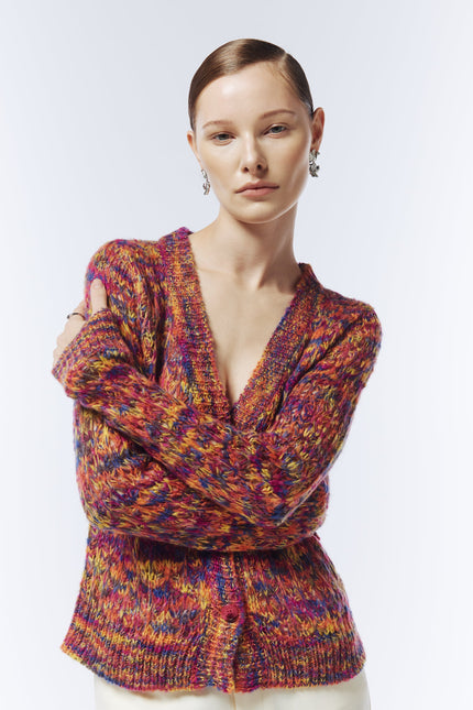 Close-up texture of SOUR FIGS Sunset Ember mélange knit cardigan