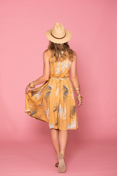Violet Fish I Isabella Dress - Australis Print Ochre
