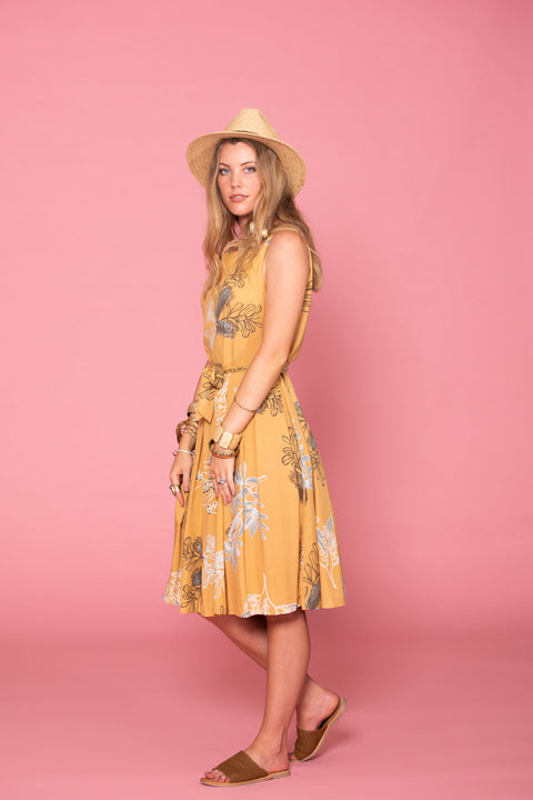Violet Fish I Isabella Dress - Australis Print Ochre
