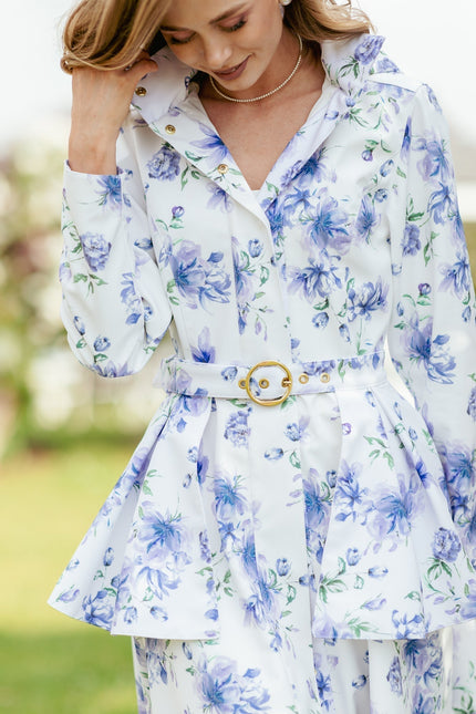 Floral white coat with peplum belt