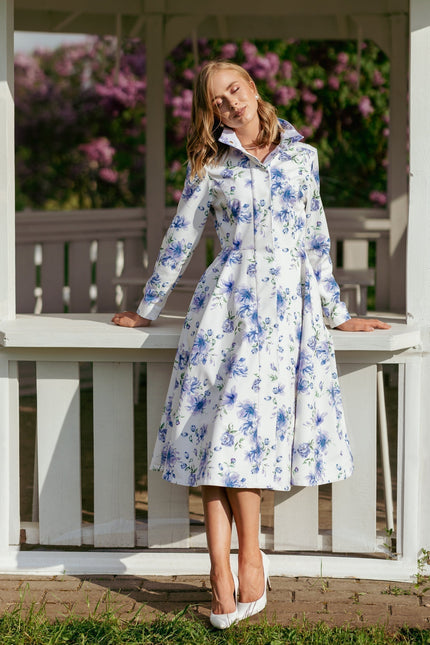 Beautiful white trench coat with blue flower print