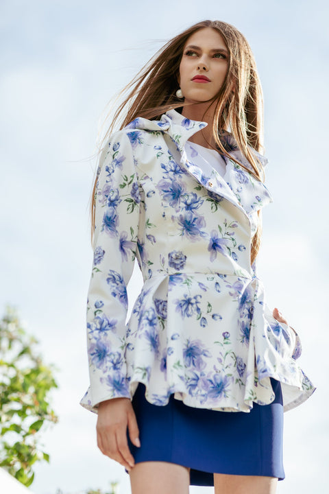 RainSisters | Double Breasted Jacket with Detachable Hood in White with Blue Flower Print 'Blue Whisper'