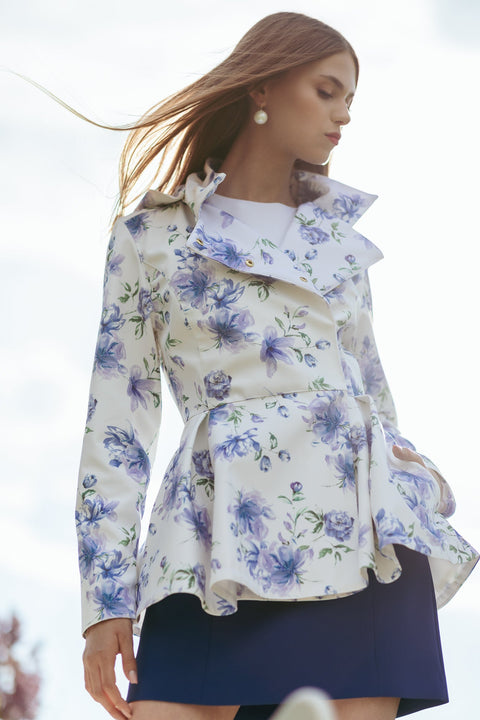 RainSisters | Double Breasted Jacket with Detachable Hood in White with Blue Flower Print 'Blue Whisper'