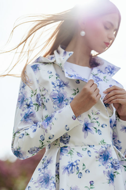RainSisters | Double Breasted Jacket with Detachable Hood in White with Blue Flower Print 'Blue Whisper'