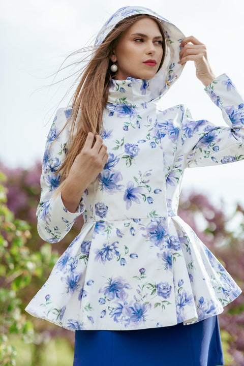 RainSisters | Double Breasted Jacket with Detachable Hood in White with Blue Flower Print 'Blue Whisper'