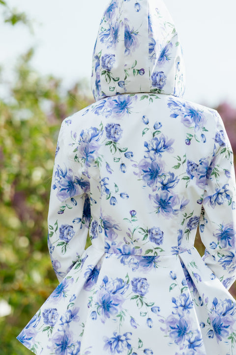 RainSisters | Double Breasted Jacket with Detachable Hood in White with Blue Flower Print 'Blue Whisper'