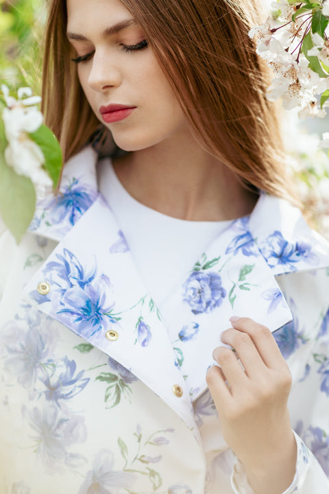 RainSisters | Double Breasted Jacket with Detachable Hood in White with Blue Flower Print 'Blue Whisper'