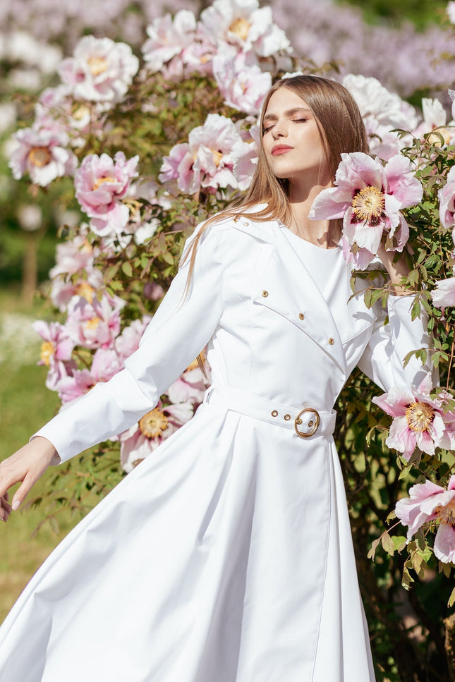 Front view for solid white trench coat