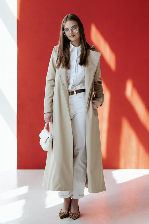 RainSisters | Double Breasted Coat with Trapeze Cut in Beige 'Classic Trench'