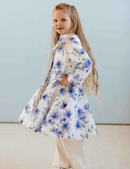 Fitted and flared coat for girls in white with floral print named blue whisper