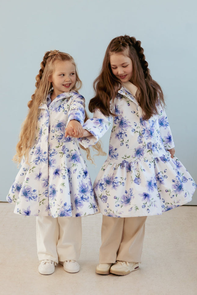 RainSisters | White Trapeze Coat for Girls with Blue Flower Print 'Floral Dream'