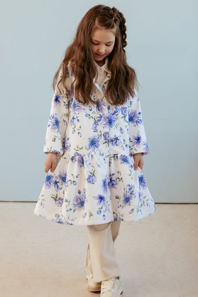 RainSisters | White Trapeze Coat for Girls with Blue Flower Print 'Floral Dream'