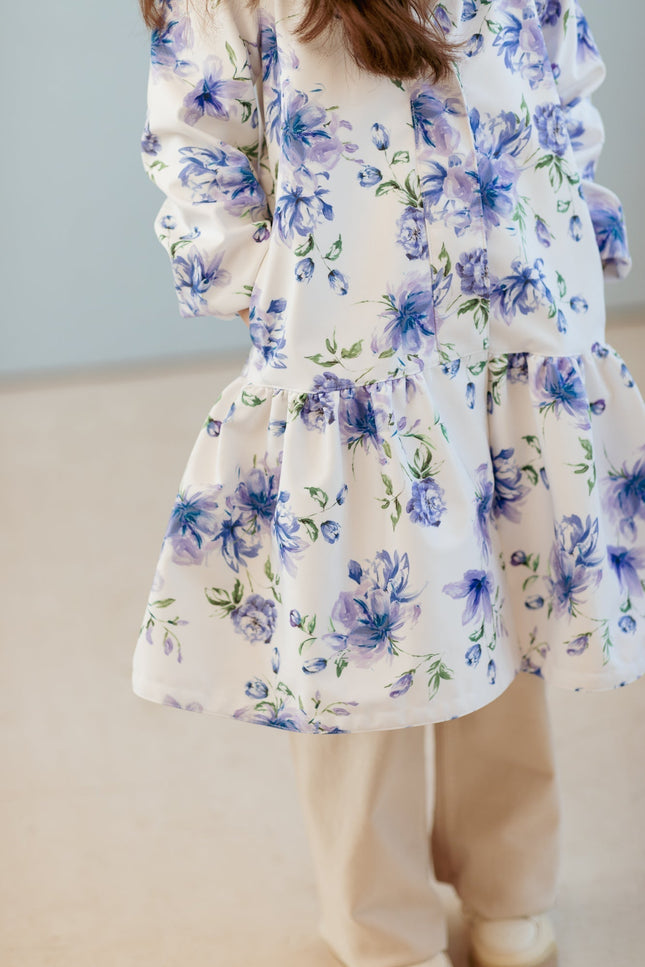 RainSisters | White Trapeze Coat for Girls with Blue Flower Print 'Floral Dream'