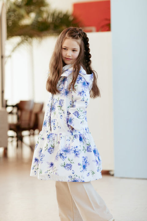 RainSisters | White Trapeze Coat for Girls with Blue Flower Print 'Floral Dream'