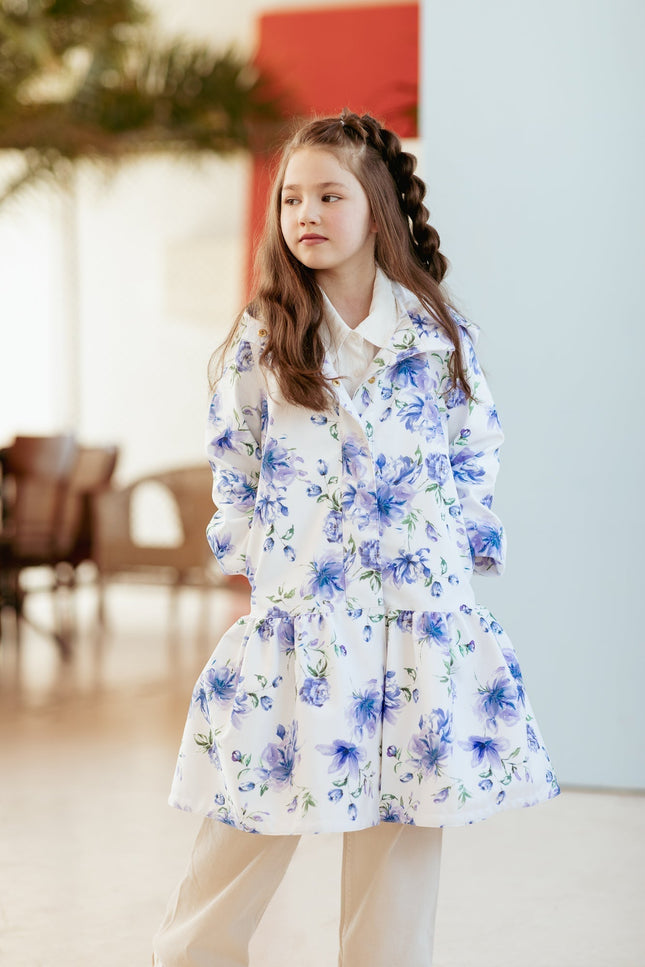 RainSisters | White Trapeze Coat for Girls with Blue Flower Print 'Floral Dream'
