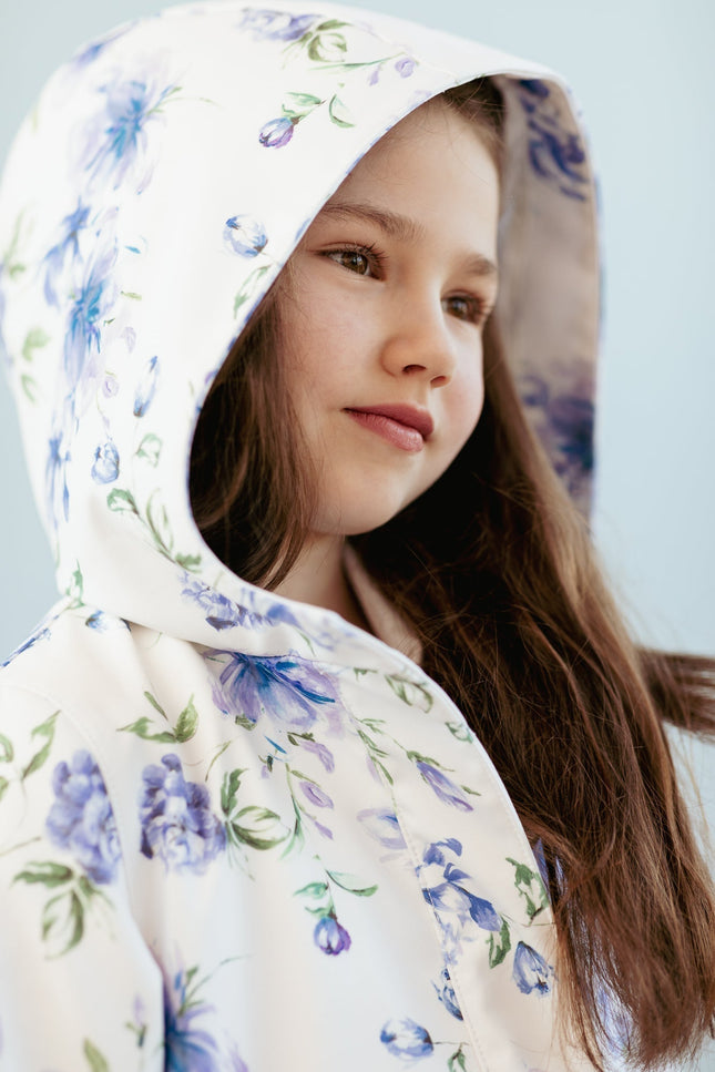 RainSisters | White Trapeze Coat for Girls with Blue Flower Print 'Floral Dream'