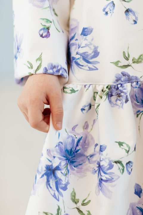 RainSisters | White Trapeze Coat for Girls with Blue Flower Print 'Floral Dream'