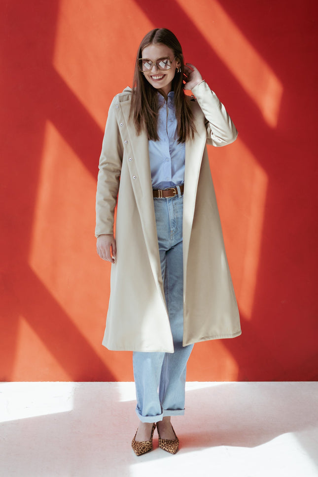 Short version for Double Breasted Coat with Trapeze Cut coat in Beige