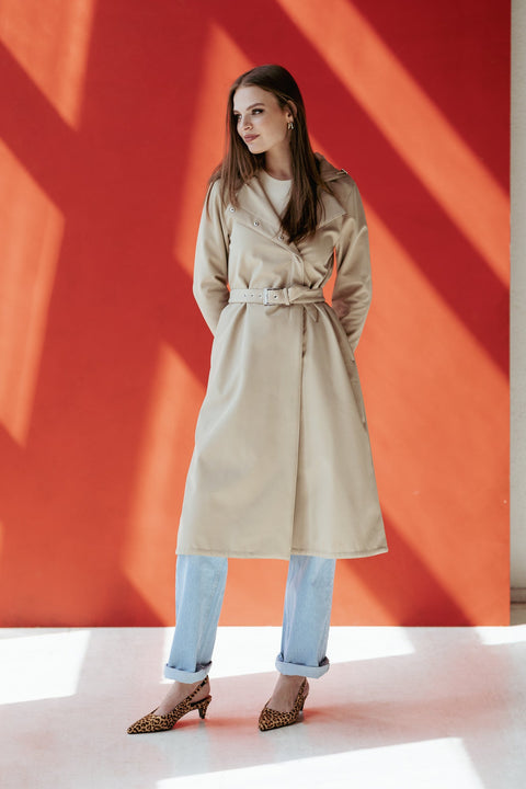 RainSisters | Double Breasted Coat with Trapeze Cut in Beige 'Classic Trench'