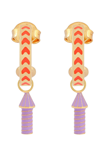 image of rocket enamel earrings in orange and purple and gold on white background