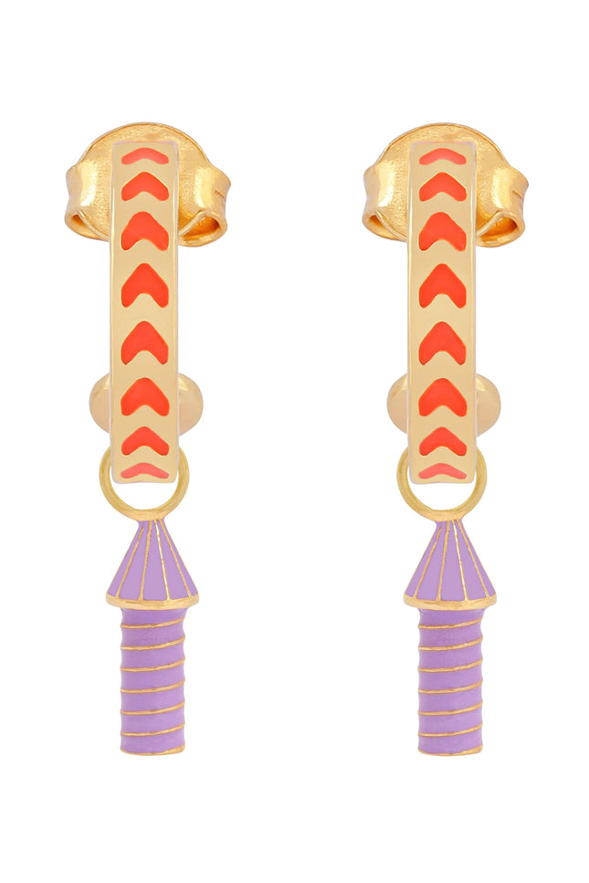 image of rocket enamel earrings in orange and purple and gold on white background