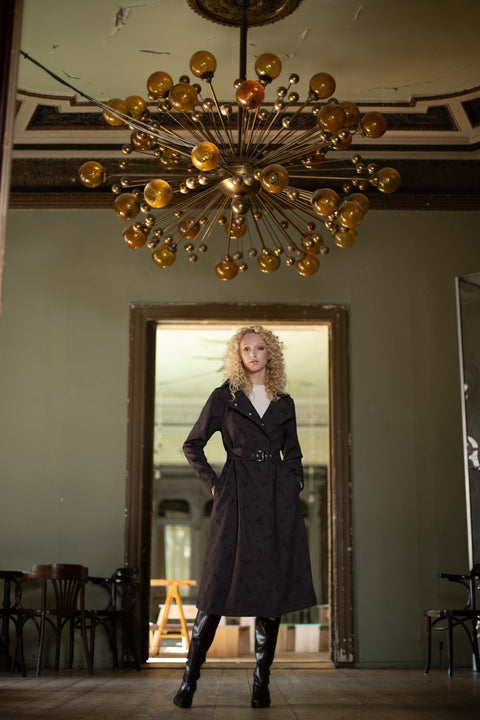 RainSisters | Double Breasted Trapeze Coat in Dark Brown 'Velvet Leaves'