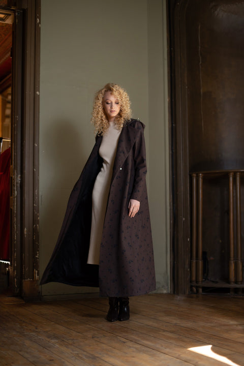 RainSisters | Double Breasted Trapeze Coat in Dark Brown 'Velvet Leaves'