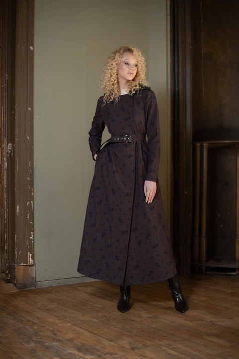 RainSisters | Double Breasted Trapeze Coat in Dark Brown 'Velvet Leaves'