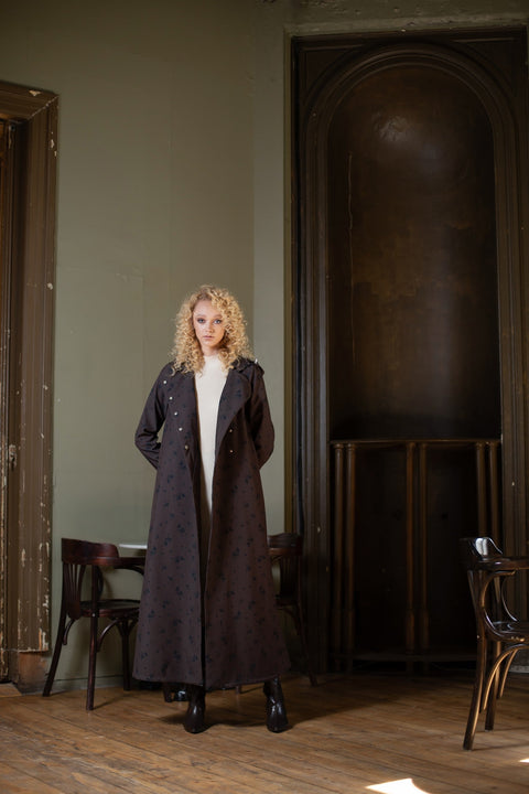 RainSisters | Double Breasted Trapeze Coat in Dark Brown 'Velvet Leaves'