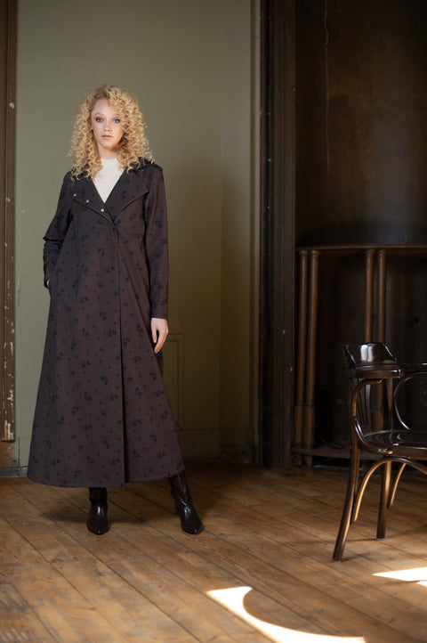 RainSisters | Double Breasted Trapeze Coat in Dark Brown 'Velvet Leaves'