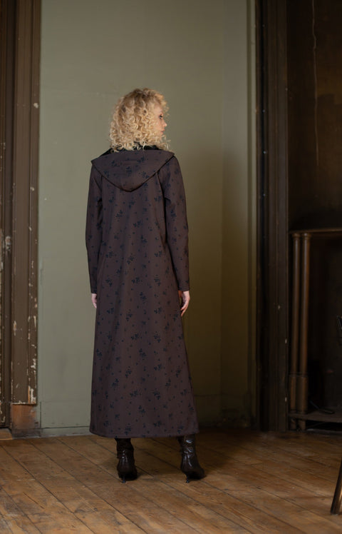 RainSisters | Double Breasted Trapeze Coat in Dark Brown 'Velvet Leaves'