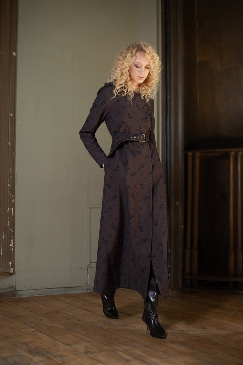 RainSisters | Double Breasted Trapeze Coat in Dark Brown 'Velvet Leaves'