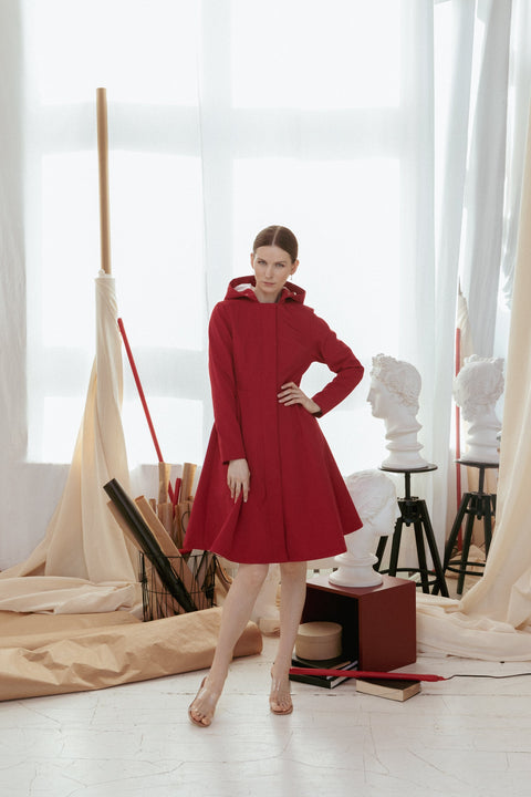 RainSisters | Fitted and Flared Coat with Pleated Back in Deep Red 'Scarlet Red'