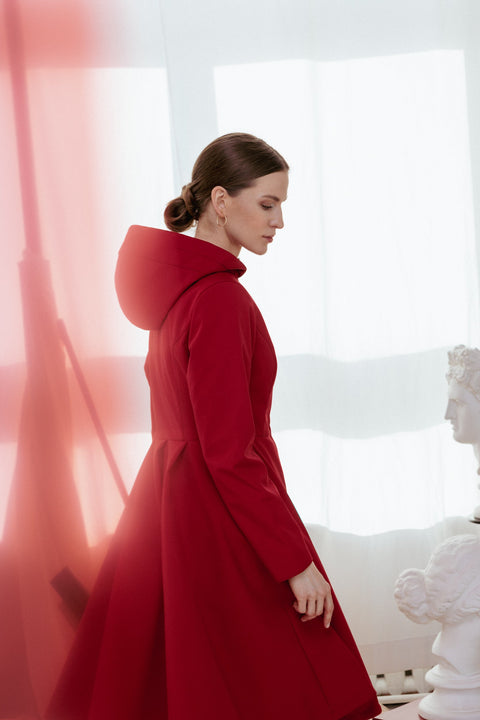 RainSisters | Fitted and Flared Coat with Pleated Back in Deep Red 'Scarlet Red'