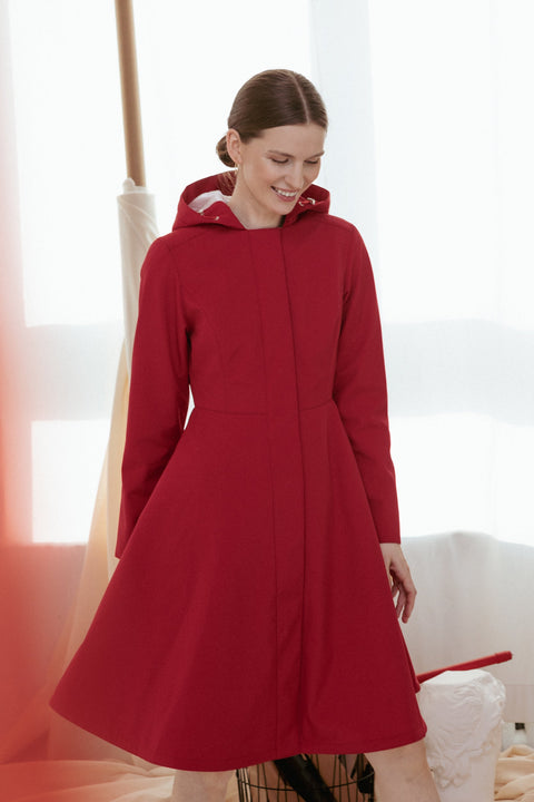 RainSisters | Fitted and Flared Coat with Pleated Back in Deep Red 'Scarlet Red'