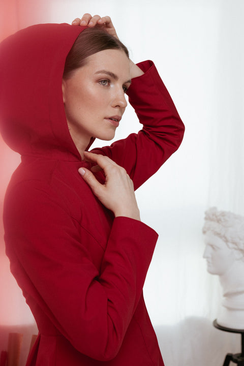 RainSisters | Fitted and Flared Coat with Pleated Back in Deep Red 'Scarlet Red'