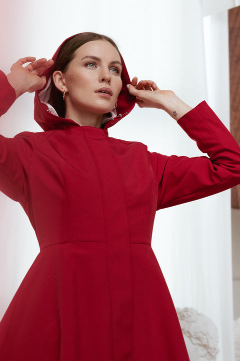RainSisters | Fitted and Flared Coat with Pleated Back in Deep Red 'Scarlet Red'