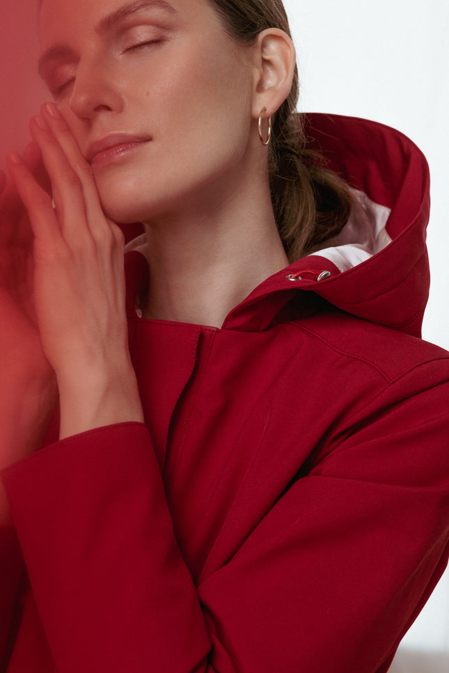 Dark Red Coat with adjustable hood and light pink lining