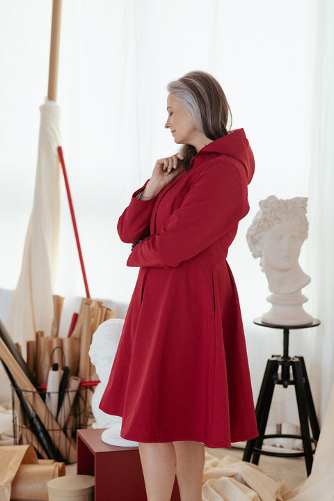 RainSisters | Fitted and Flared Coat with Pleated Back in Deep Red 'Scarlet Red'