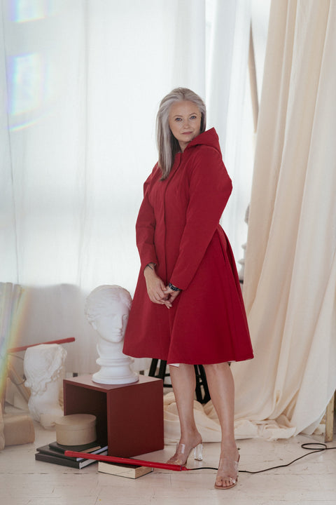 RainSisters | Fitted and Flared Coat with Pleated Back in Deep Red 'Scarlet Red'