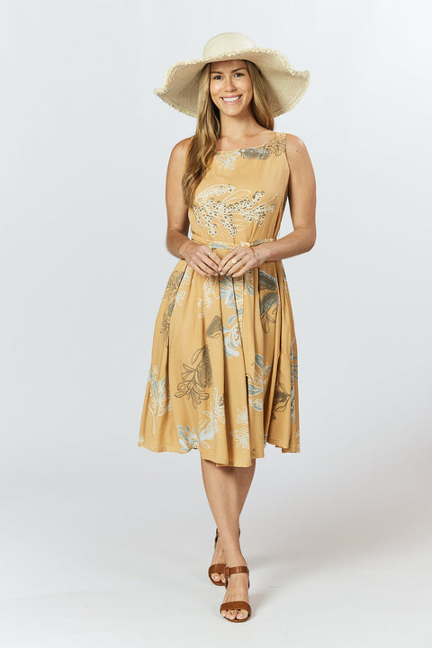 Violet Fish I Isabella Dress - Australis Print Ochre