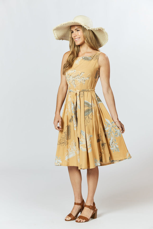 Violet Fish I Isabella Dress - Australis Print Ochre