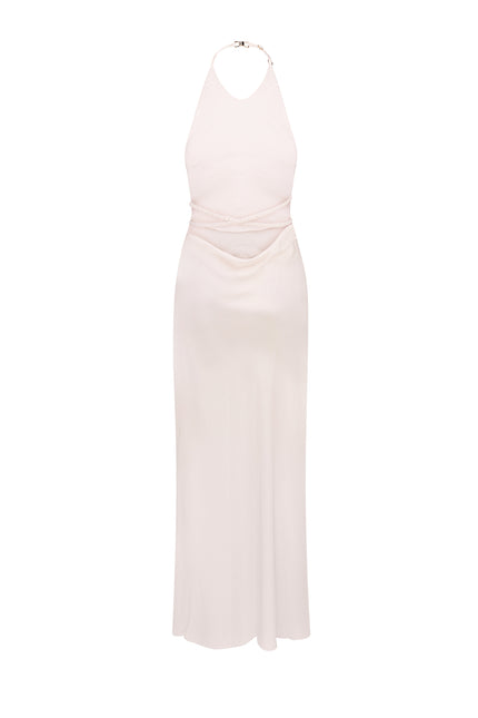 Long light pink dress on a white background