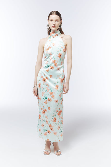 SOUR FIGS scarf-neck occasion dress with long draped back tie in Seafoam Green