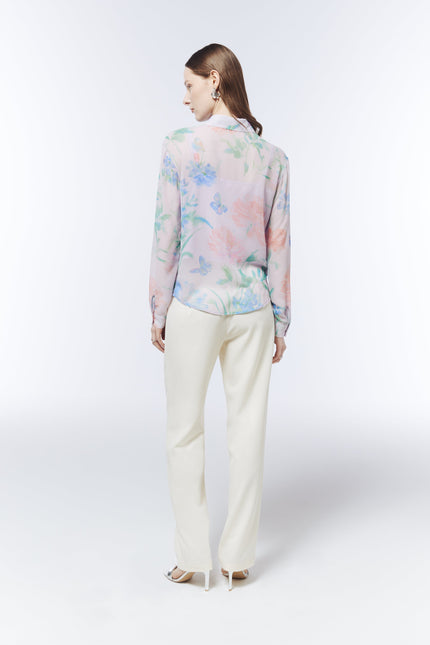 SOUR FIGS Petal Mist Lilac blouse styled with cream trousers, featuring a soft botanical print and semi-sheer outer layer.